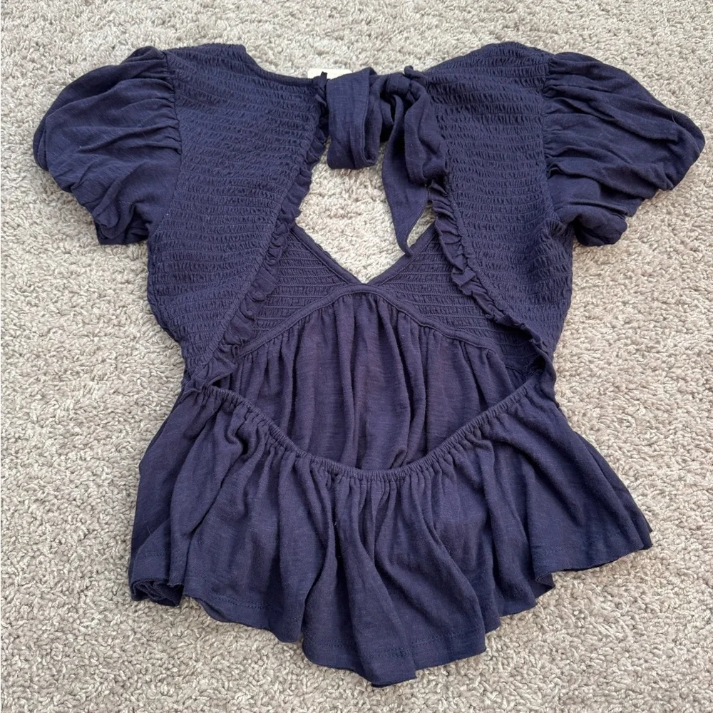 Free People Navy Smocked V-Neck Peplum Blouse